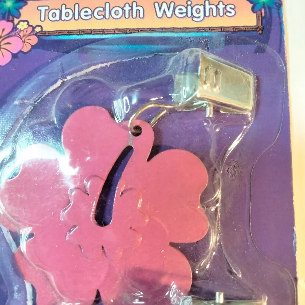 Luau Tablecloth Weights Hibiscus Flower Design 4 Pack Pink Metal Clip